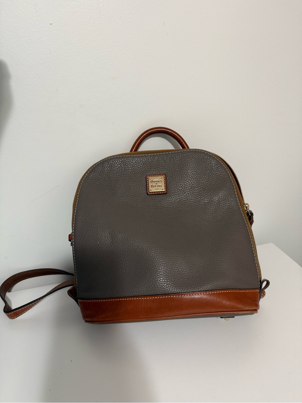 Dooney & Bourke Gray Pebbled Leather Backpack with Brown Trim